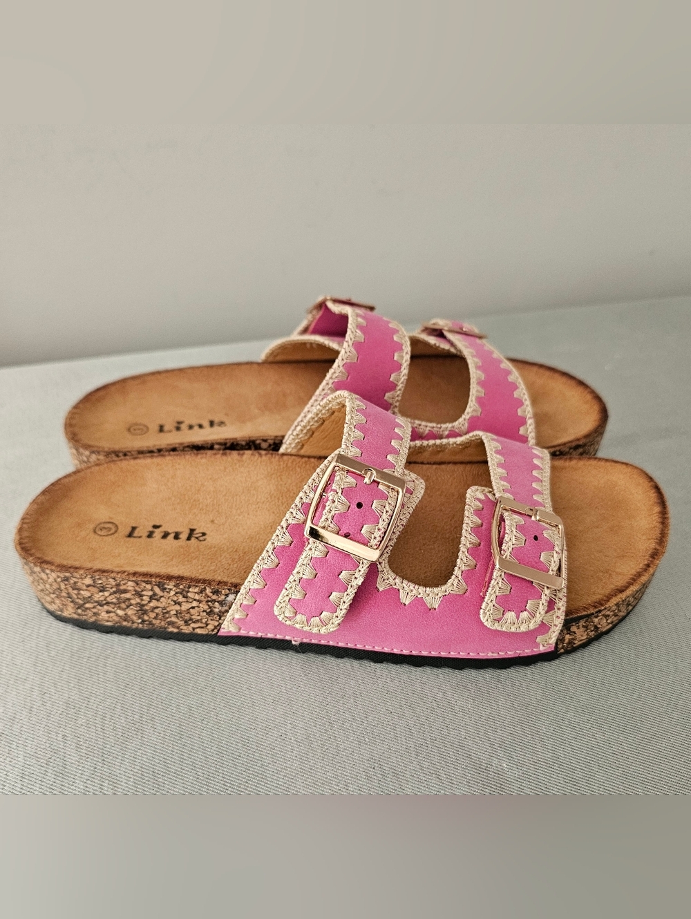 NWOT LINK Girls Pink Embellished Cork Slip On Sandals
